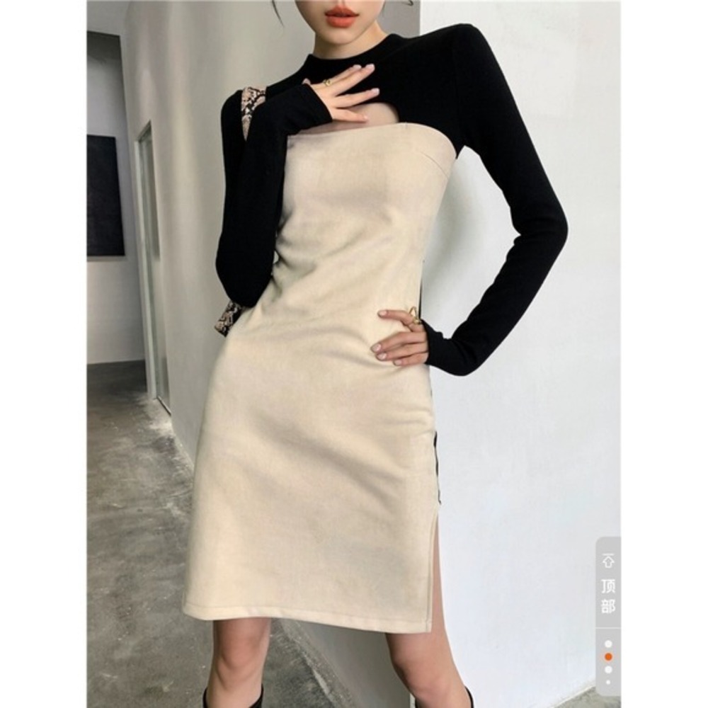 A-line retro Design Suede‎ Knit Color-Block Cutout Spliced Dress for Women nwot